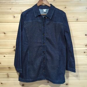 Chico's Jacket Womens Large Blue Denim Jacket with Metallic stitching Size 2